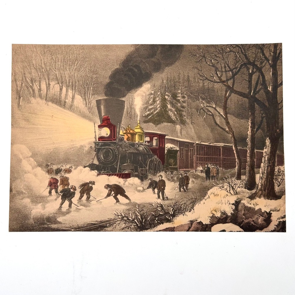 Vintage Snow Bound Steam Locomotive Train Lithograph Print Winter Scene Art